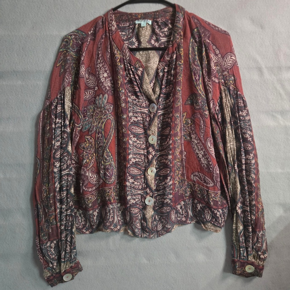 Nostalgia Paisley Boho Peasant Blouse Women's Large Burgundy Long Sleeve